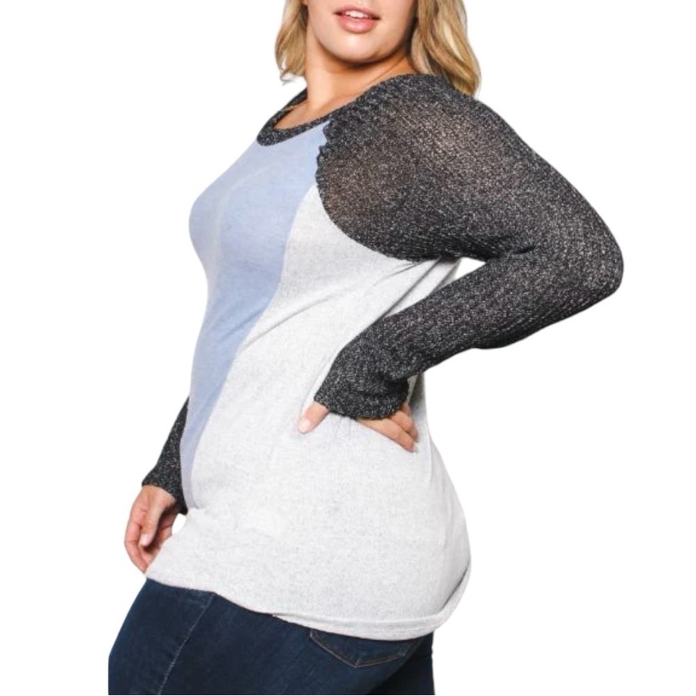 MAI SOLI Two Tone Knit Long Sleeve Scoop Neck Top - Picture 3 of 5